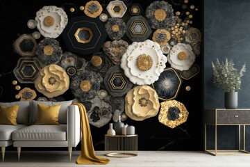 Golden and black marble design with decorative resin geodes and abstract flowers for a functional framed wallpaper. Generative AI
