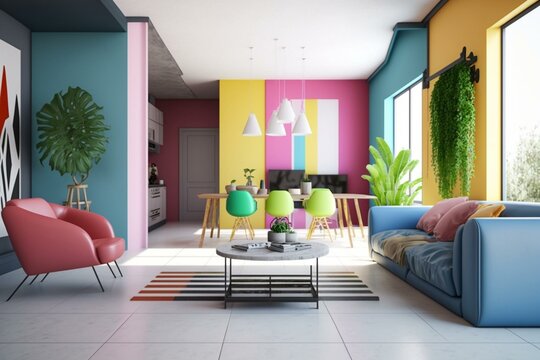 A modern home interior depicted as colorful and creative 3D renderings generated by AI. Generative AI