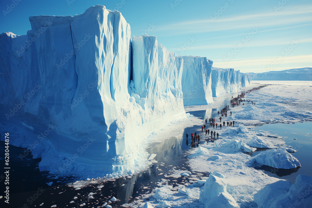 Poster a drone view of a massive iceberg, showcasing its sheer size and grandeur against the backdrop of an
