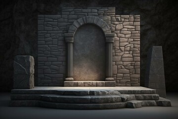 3D rendered ancient Islamic stone wall with podium for product display. Perfect for posters, social media ads, and banners. Generative AI