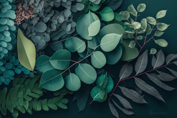 Eucalyptus leaves, green background. Top view. Generative AI