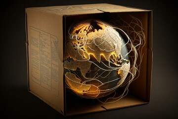 Globe made of wire inside a box. Generative AI