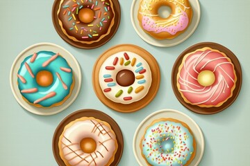 Fototapeta na wymiar Assorted pastel donuts with caramel and sugar toppings viewed from above. Vector illustration. Generative AI
