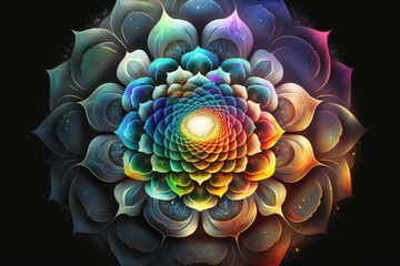 Colorful chakra blooming, pineal gland opening like a flower for spiritual awakening in meditation. Keywords: chakra, pineal, flower, soul, geometry, esoteric, astral, spirituality,. Generative AI - obrazy, fototapety, plakaty