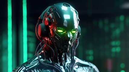 Artificially Intelligent robot brain with green glowing eyes and neon lights in background