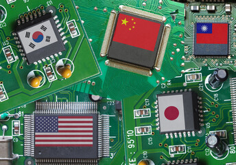 Countries producing the most semiconductor chips in the World.
Flags of Japan, China, Taiwan, USA...