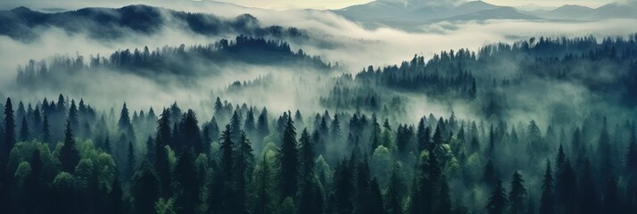 Mist-covered forest photo realistic illustration - Generative AI.