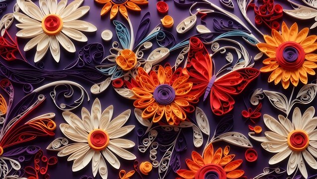 Paper art style colorful florals butterflies seamless pattern design wallpaper generated by AI