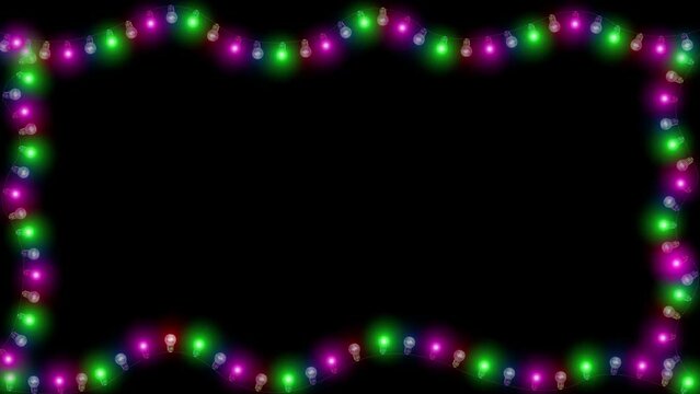 4K String of colorful light bulbs. Looping Christmas holiday themed frame pattern. flashing round lights bokeh, frame. New year, christmas holiday, festival, Anniversary, Celebration, Happy Birthday