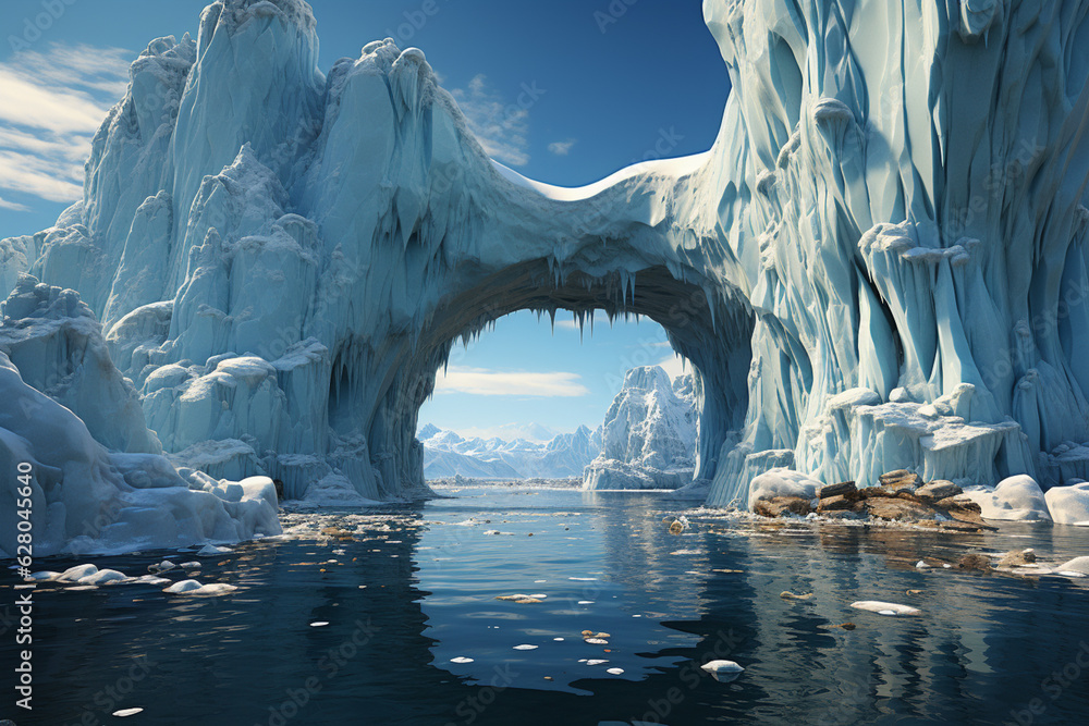 Poster An iceberg with a striking arch-shaped formation, resembling a natural bridge, inviting the viewer to imagine the hidden wonders beyond. Generative AI technology.