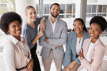 Business, group and portrait with smile at workplace with pride for finance teamwork. Professional, people and happy with diversity or confidence at corporate company with support with leadership.