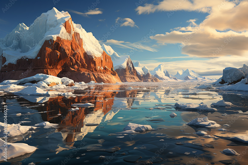 Poster an iceberg at sunset, illuminated by warm, golden light, creating a serene and peaceful ambiance tha