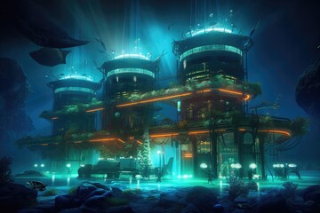 futuristic underwater research facility with glowing lights