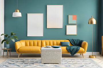 Interior of modern living room with yellow sofa, coffee table and posters on wall. 3d render.