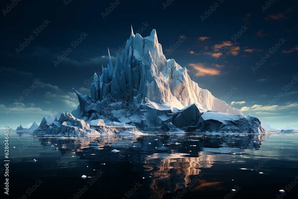 Poster lifecycle of an iceberg, from its formation in a glacier to its eventual journey into the open ocean, symbolizing the circle of nature.  Generative AI technology.