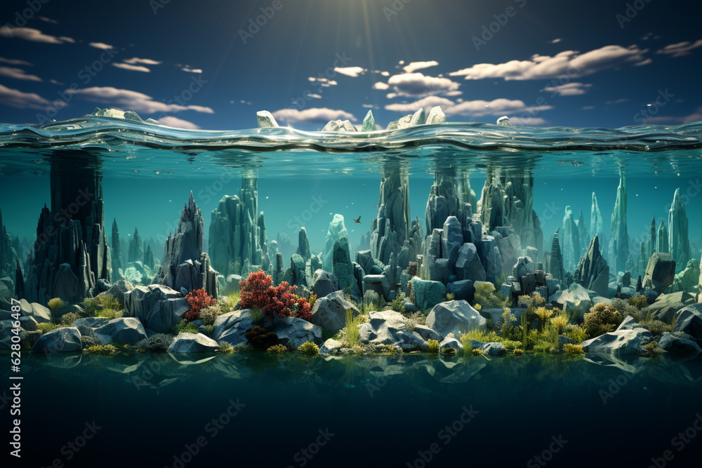 Aufkleber lifecycle of an iceberg, from its formation in a glacier to its eventual journey into the open ocean, symbolizing the circle of nature.  Generative AI technology.