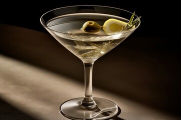 Illustration of a martini glass with a lemon and olive garnish, created using generative AI