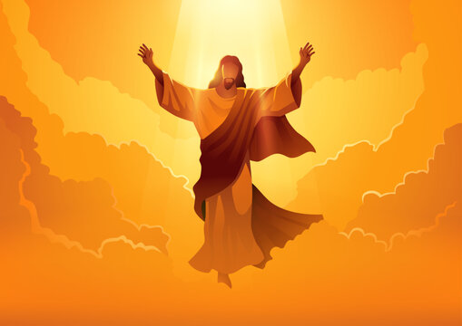 Embrace the ascension day of Jesus Christ with this powerful biblical vector illustration, witness the iconic image of Jesus Christ raising his hands in divine glory