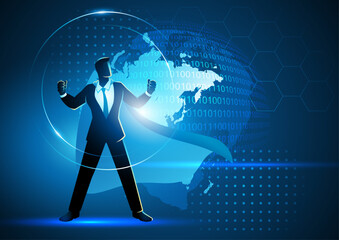 Businessman as a mighty superhero, with the binary world on a futuristic background, empowering business concepts, technology themes, and visionary projects, the spirit of innovation and success