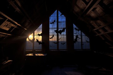 bat silhouettes against attics moonlit window