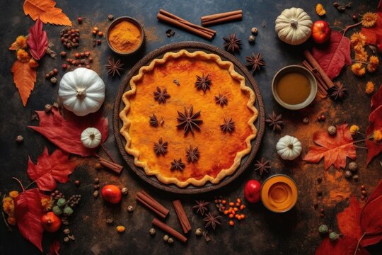 Creative Flat Lay Of Pumpkin Pie And Spices