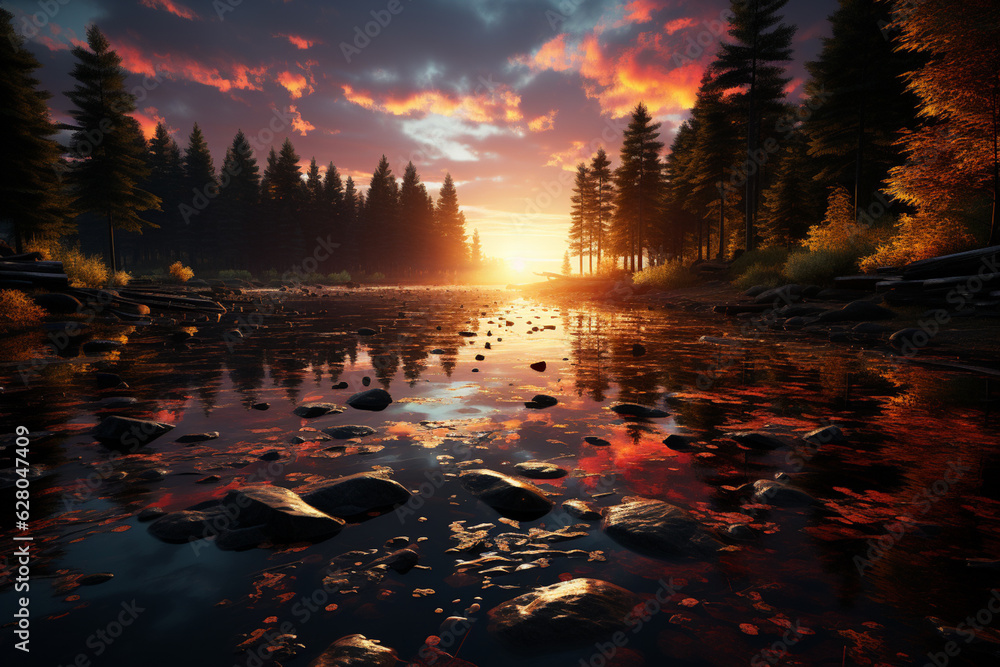 Poster a majestic sunrise over a calm lake, with the sun's reflection shimmering on the water's surface, cr