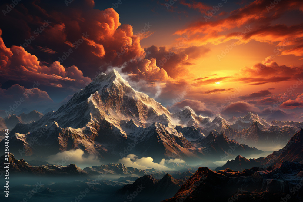 Poster A breathtaking aerial view of a sunrise above a mountain peak, with the soft clouds and mist adding an ethereal touch to the scene.  Generative AI technology.