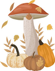 Autumn theme illustration with pumpkins, mushrooms and fall leaves.