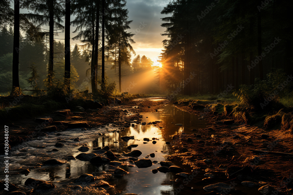 Aufkleber A misty and atmospheric sunrise over a forest, with the sun's rays filtering through the trees, creating a mystical and enchanting scene.  Generative AI technology.
