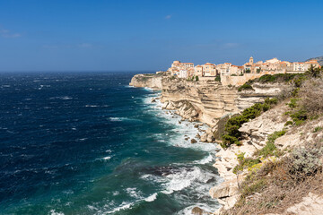 Fototapeta na wymiar Old town of Bonifacio, built on cliff rocks. Corsica, France.