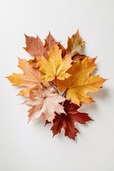 Top-down view of collage of colorful autumn leaves set against a light paper background. Image generated with AI.