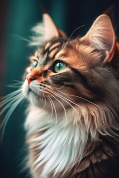 Close-up portrait of a beautiful house cat looking outside through a window. Image generated with AI.