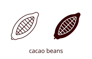 Cacao beans icon, line editable stroke and silhouette