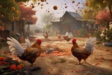 hens pecking at seeds scattered on the ground