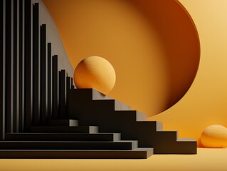 Abstract minimalistic contrast black and orange scene with geometric shapes. visualization AI
