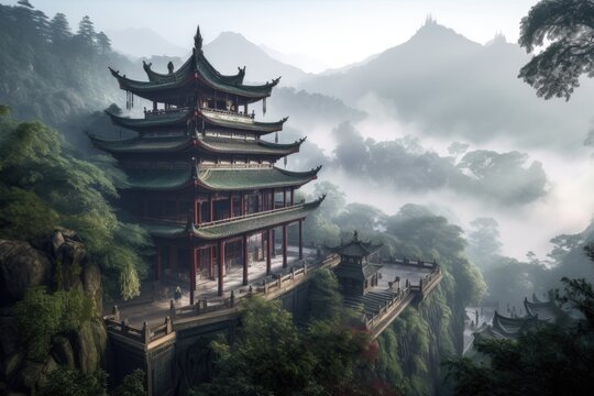 misty morning scene at a mountain temple