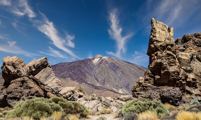 Rogue Cinchado with the Teide volcano in the background on the island of Tenerife. Canary island. Spain.