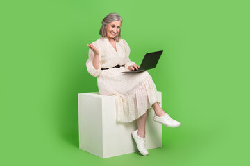 Full length photo of beautiful grandma sit cube platform netbook working dressed stylish white garment isolated on green color background