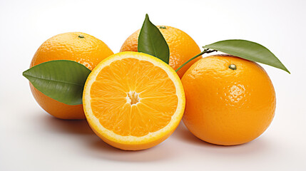 beautiful oranges with green leaves on a white background. Generative Ai. 