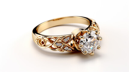 luxurious gold ring with a diamond, white background, large. Generative Ai. 