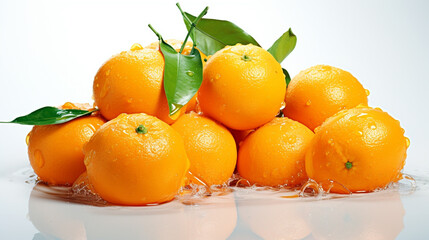 wet oranges in water with leaves on a white background. Generative Ai. 