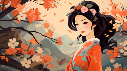Fototapeta premium Hand-drawn cartoon beautiful illustration of a girl in ancient Chinese costume among flowers 