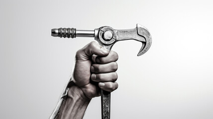 worker's hand with a wrench on a white background close-up. Generative Ai. 