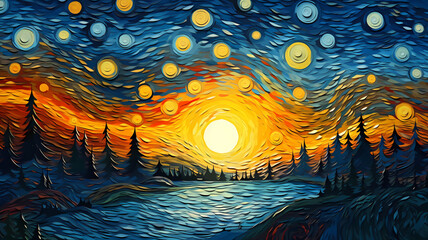 Hand-painted cartoon beautiful impressionist van Gogh painting style oil painting pattern illustration design - obrazy, fototapety, plakaty