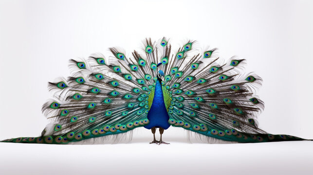 peacock with open tail on a white background. Generative Ai. 