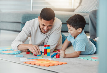 Building blocks, play or father with kid on the floor for learning, education or child development....
