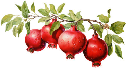 pomegranate fruit on a branch on a white background. Generative Ai. 