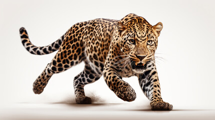 Naklejka premium leopard in a jump on a white background. Generative Ai. 