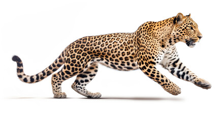 Obraz premium leopard in motion on a white background. Generative Ai. 