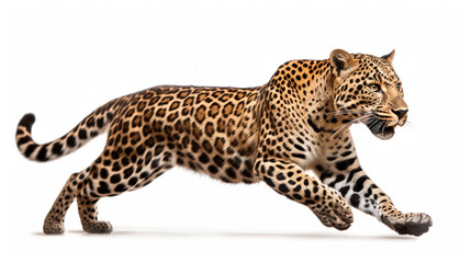 leopard runs on a white background. Generative Ai. 